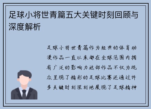 足球小将世青篇五大关键时刻回顾与深度解析