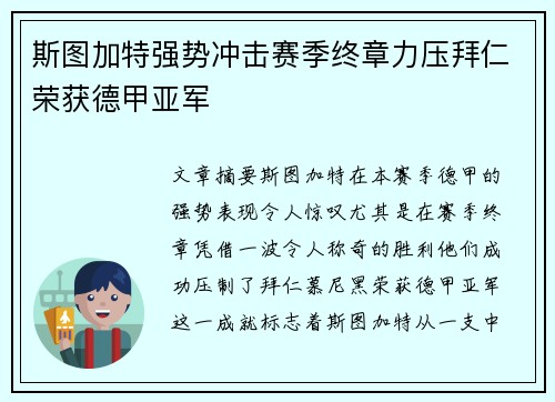 斯图加特强势冲击赛季终章力压拜仁荣获德甲亚军 斯图加特强势冲击赛季终章力压拜仁荣获德甲亚军