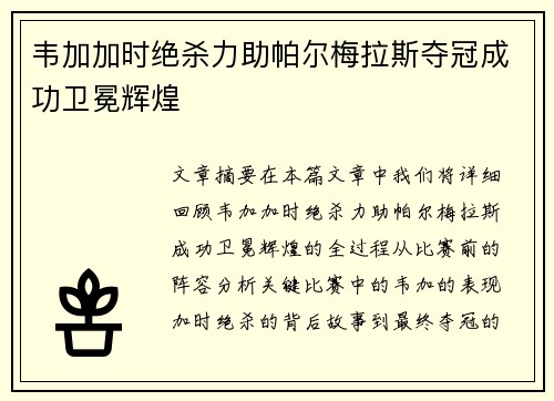 韦加加时绝杀力助帕尔梅拉斯夺冠成功卫冕辉煌