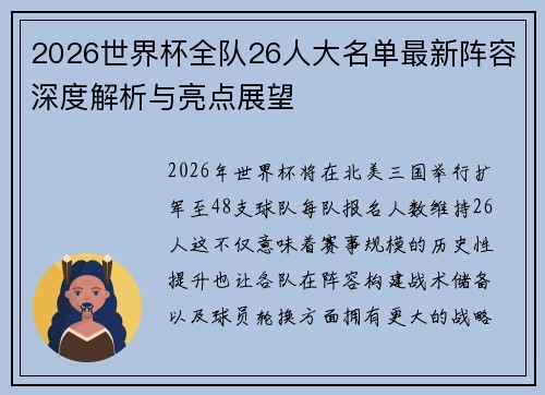 2026世界杯全队26人大名单最新阵容深度解析与亮点展望 2026世界杯全队26人大名单最新阵容深度解析与亮点展望